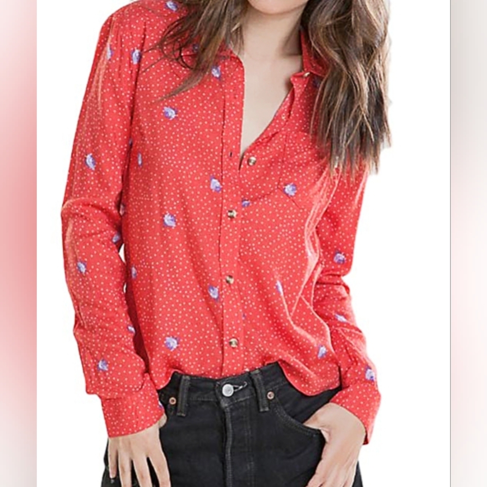 Obey Alanis Floral and Dot Graphic Button Down Long Sleeve Collared Shirt